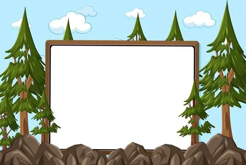Empty board on sky background with many pine trees Stock Illustration