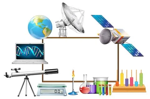 Empty board template decorated with science objects 스톡 일러스트