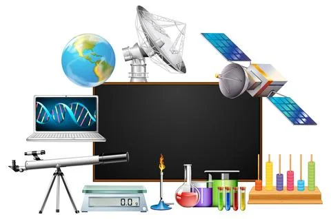 Empty board template decorated with science objects 스톡 일러스트