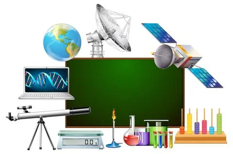 Empty board template decorated with science objects Illustrazione stock