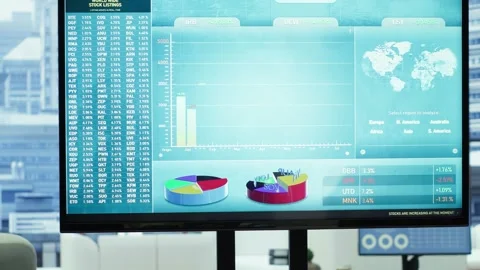 Empty boardroom setup with a computer displaying financial data Stock Footage 318227917