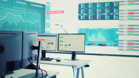 Empty boardroom space with multiple workstations having computers Stock Footage 276247530