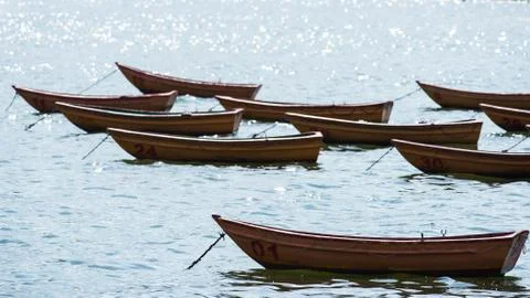 Empty boats on the sea 스톡 사진