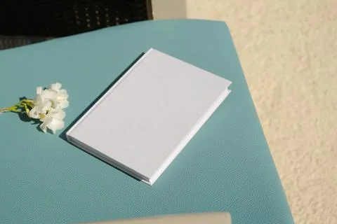 Empty book mockup on soft chair indoors, shadow overlay, hard light Stock Photos