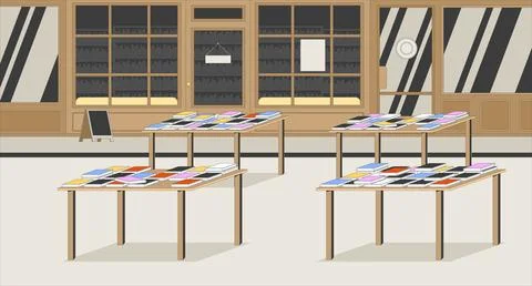 Empty bookstore interior with display tables flat illustration background イラスト素材