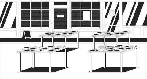Empty bookstore interior with display tables line illustration backdrop Stock Illustration