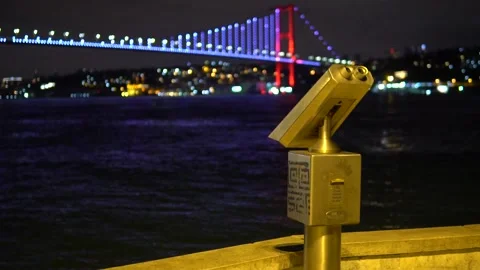 Empty Bosphorus Coastline at Night During Pandemic, Viewing Binoculars Silent Stock Footage 300891823