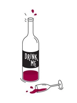 Empty bottle of red wine and wineglass. Drawing Stock Illustration