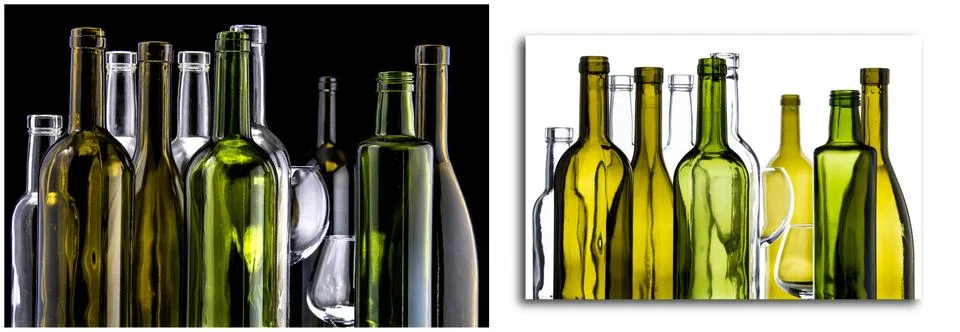Empty bottles on black background in the frame Foto stock