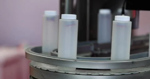 Empty bottles with caps move along automated conveyor belt at factory Stock Footage 341871992