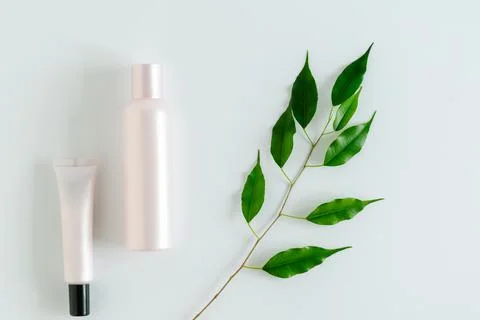 Empty bottles for cosmetics on white background and green leaves. Natural cos Stock Photos