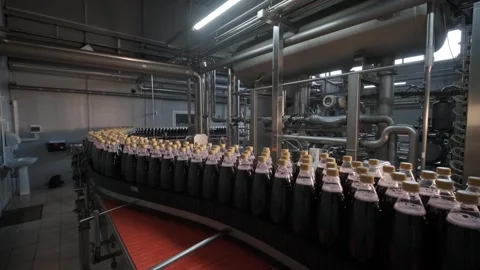 Empty bottles entering bottling section of production plant.	 Stock Footage 311575530