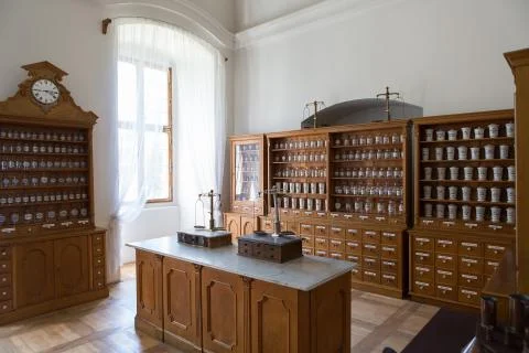 Empty bottles in old vintage pharmacy Stock Photos