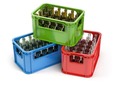 Empty bottles  in the strage crate for bottles. Glass recycling concept. Ilustración de archivo