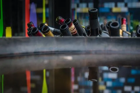 Empty bottles of vine close view top stacked Fotos de archivo