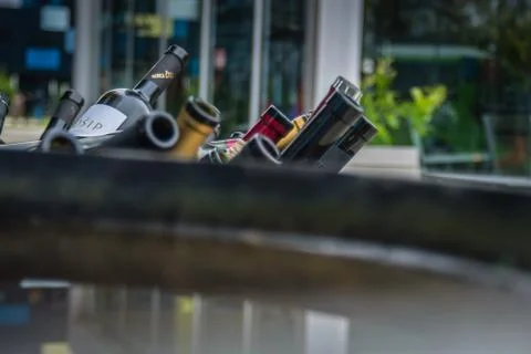 Empty bottles of vine close view top stacked Fotos de archivo