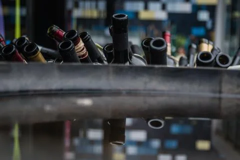 Empty bottles of vine close view top stacked Stock Photos