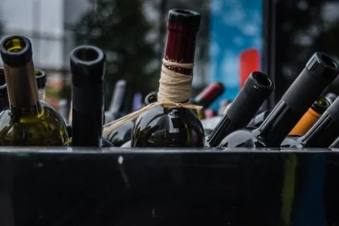 Empty bottles of vine close view top stacked 스톡 사진