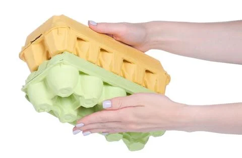 Empty box for eggs in hand Stock Photos