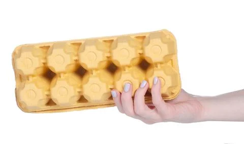 Empty box for eggs in hand Stock Photos