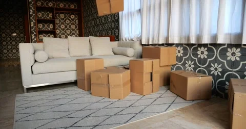 Empty box flies to scattered set of cardboard boxes, slow motion shot Stock Footage 245338322