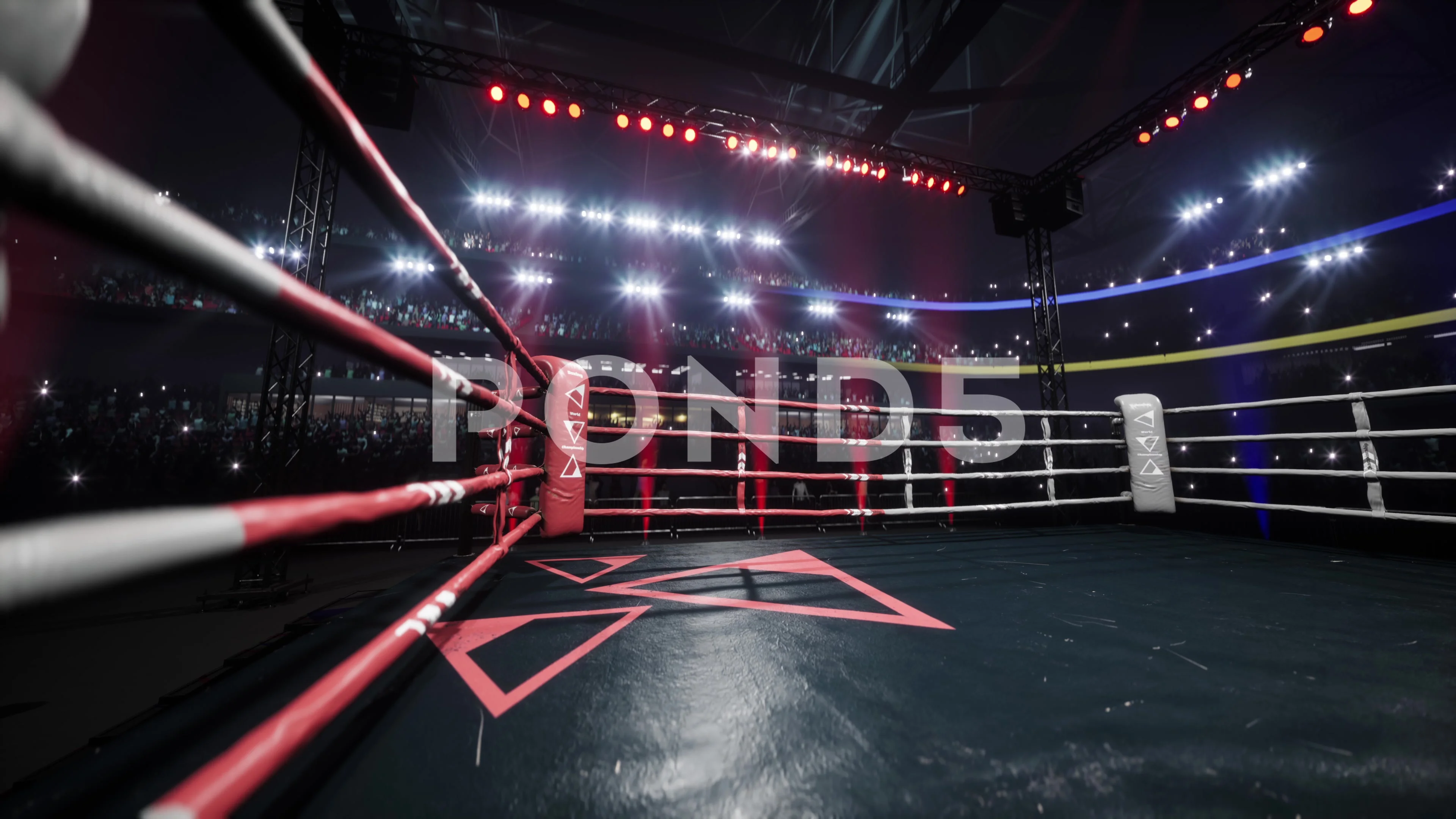The scene of a boxing match, just the boxing ring, no fighters, no people  in the ring, an octagon-type boxing ring with the audience around - SeaArt  AI