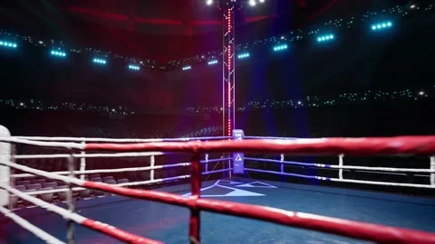 Empty boxing arena waiting new round blue corner . fly camera 4k hi quality Stock-Footage 152858852