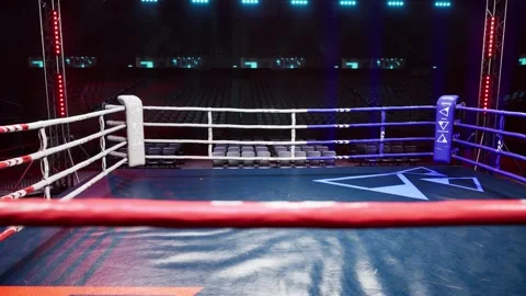 Empty boxing arena waiting new round . fly camera 4k hi quality video render Stock Footage 152859762