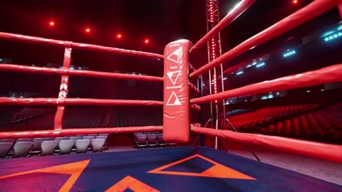 Empty boxing arena waiting new round . fly camera 4k hi quality video render Stock Footage 152859779