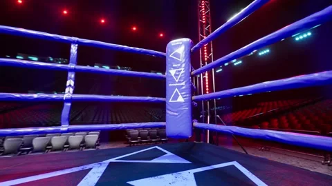 Empty boxing arena waiting new round . fly camera 4k hi quality video render Stock Footage 152859800