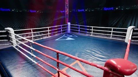 Empty boxing arena waiting new round . fly camera 4k hi quality video render Stock Footage 152859817