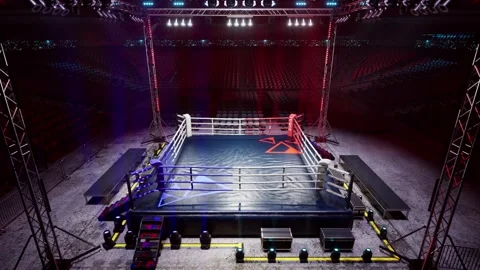 Empty boxing arena waiting new round . fly camera 4k hi quality video render Stock Footage 152859852