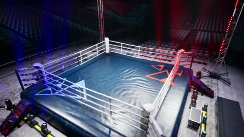 Empty boxing arena waiting new round . fly camera 4k hi quality video render Stock Footage 152859868
