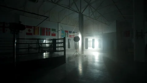Empty boxing gym with ring and punching bags in dramatic light Stock Footage 309962453