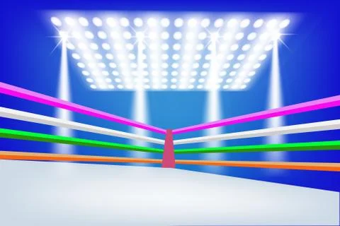 Empty boxing ring with colorful ropes and night light in stadium arena. Illustrazione stock
