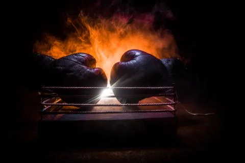 Empty boxing ring with red ropes for match in the stadium arena. Creative art Stock Photos