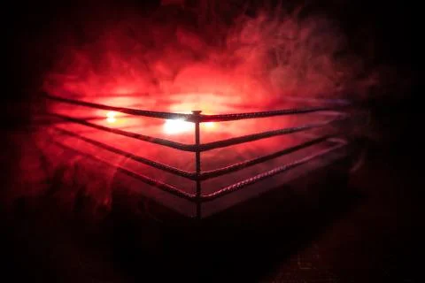 Empty boxing ring with red ropes for match in the stadium arena. Creative art 스톡 사진