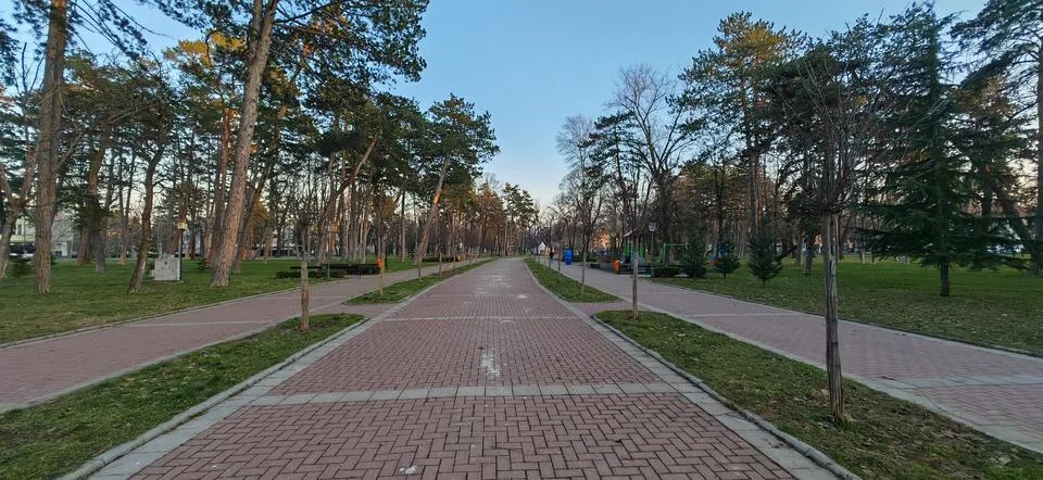 Empty Brick Pathway Through Tall City Park Foto stock