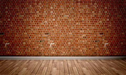 Empty - Brick wall background on wooden floor. 3D rendering Stock Illustration