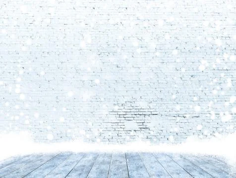 Empty brick wall with ice cover a wooden floor and snowing ,Ready for product Stock Photos