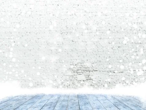 Empty brick wall with ice cover a wooden floor and snowing ,Ready for product Stock Photos