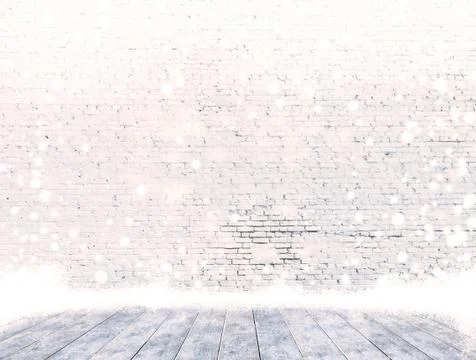 Empty brick wall with ice cover a wooden floor and snowing ,Ready for product Stock Photos