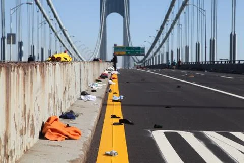 Empty Bridge Filled With Clothes After New York Marathon Stock Photos