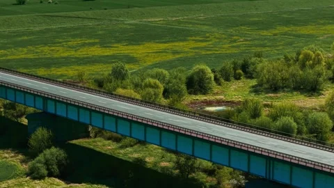 Empty bridge stretching above green valley. Deserted elevated road crossing lush Stock Footage 320416550