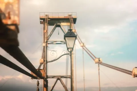 Empty bridge at sunset, Lamp at road Stock Photos