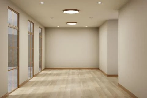 Empty bright corridor or hallway with ceiling lamp and glass wall window ov.. Ilustración de archivo