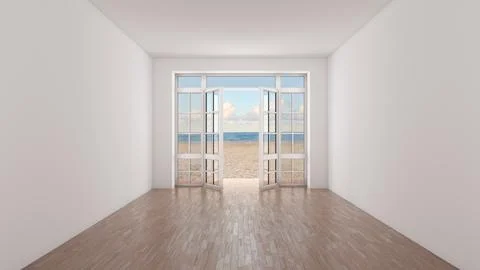 An Empty Bright Hotel Interior. A Frontal View of the Interior with White Walls Stock Illustration