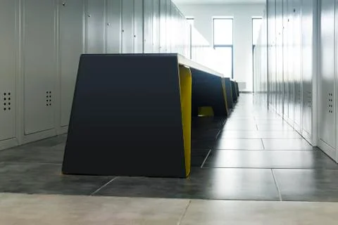 Empty bright locker room and metal bench Stock Photos