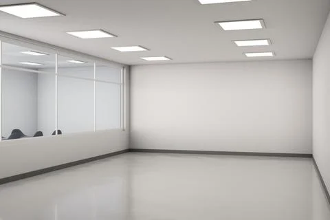 Empty Bright Office Hall Interior with Blank White Wall and Glass Partition Stock Illustration