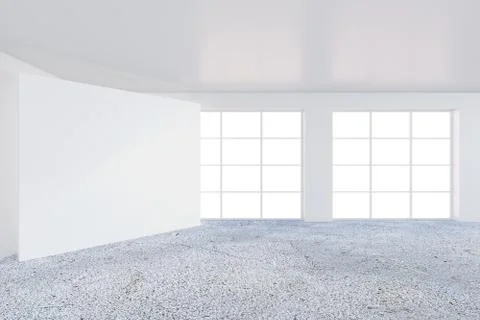 Empty bright office room with large billboard. Light ray on wall. 3D Rendering Illustrazione stock